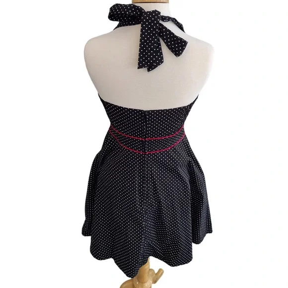 Hell Bunny | Black Polka Dot Red Trim Sweetheart Halter Fit & Flare Dress - Picture 6 of 14